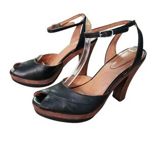 Corso Como Shoes Womens 6 Black Leather Ankle Strap Peep Toe Platform Heels